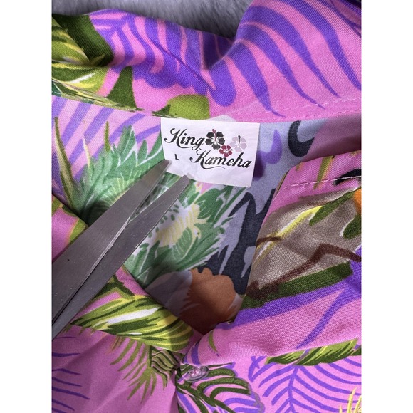 King Kameha Hawaiian Shirt Mens Large Pink Toucan Tropical Button Up Casual - Picture 8 of 10